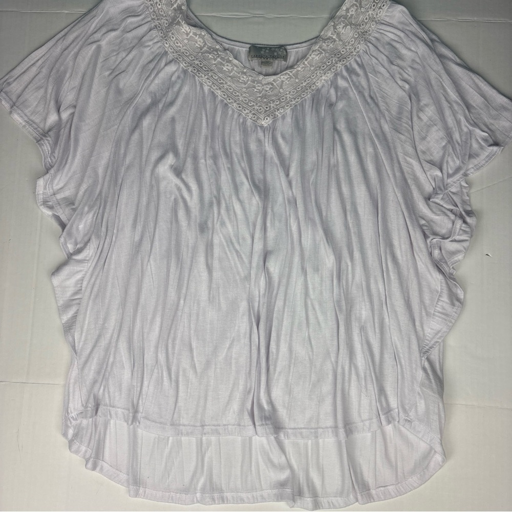 Carolyn Taylor Women 3X Shirt White Ruffle Dolman Lace Crochet V-Neck Poly Rayon